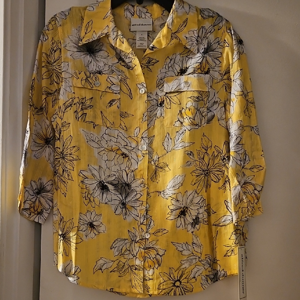 Alfred Dunner Yellow Notched Collar 3/4 Sleeve Top